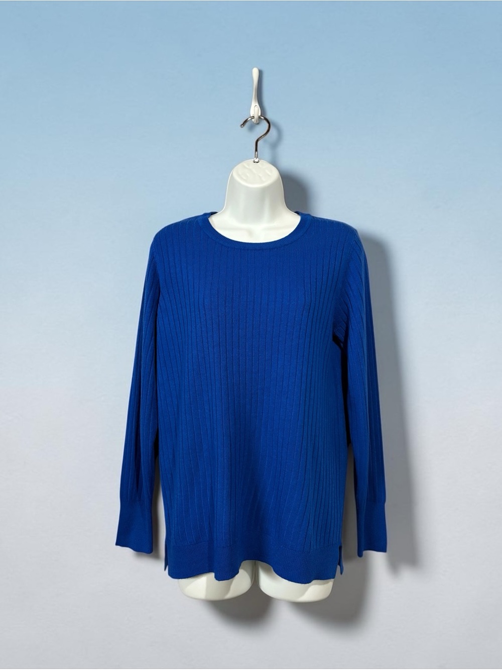 Lily Morgan, Royal Blue Ribbed Knit Sweater Long Sleeve Stretch Pullover, Medium